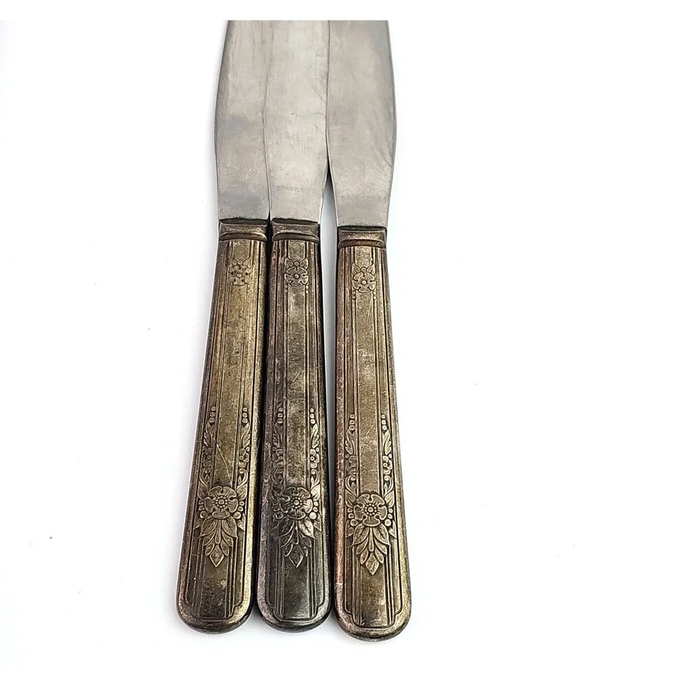 Vintage Silverplate Knife Set of 3 Elegant Floral Leaf Vertical Lines